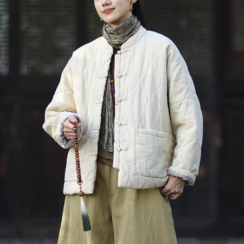 Giacca termica da donna in cotone ramiè con bottoni a rana, maniche lunghe, linee curve invernali , Buddha Stones, con tasche - image 25