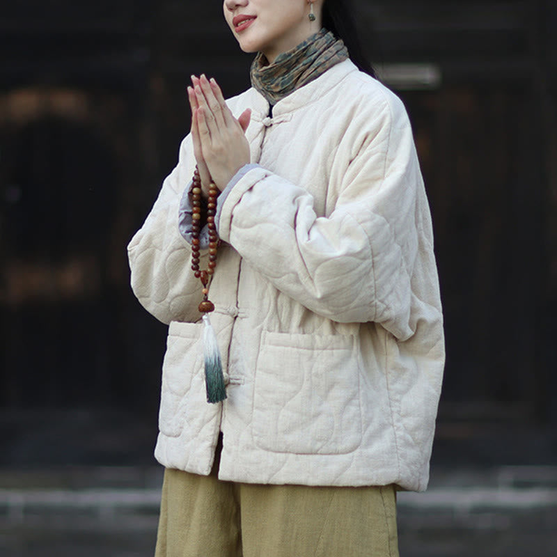 Giacca termica da donna in cotone ramiè con bottoni a rana, maniche lunghe, linee curve invernali , Buddha Stones, con tasche - image 20