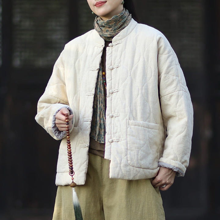 Giacca termica da donna in cotone ramiè con bottoni a rana, maniche lunghe, linee curve invernali , Buddha Stones, con tasche - image 18