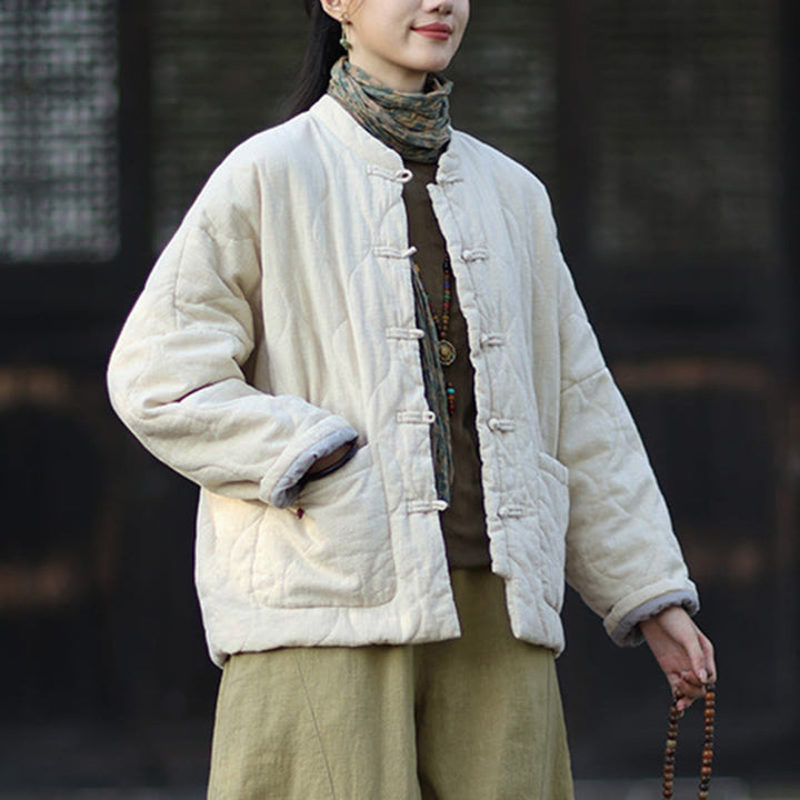 Giacca termica da donna in cotone ramiè con bottoni a rana, maniche lunghe, linee curve invernali , Buddha Stones, con tasche - image 24