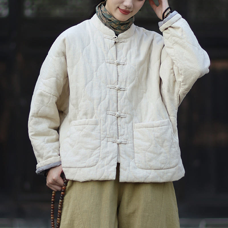 Giacca termica da donna in cotone ramiè con bottoni a rana, maniche lunghe, linee curve invernali , Buddha Stones, con tasche - image 21