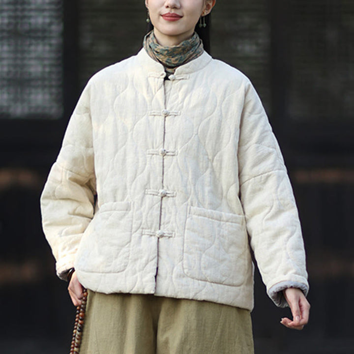 Giacca termica da donna in cotone ramiè con bottoni a rana, maniche lunghe, linee curve invernali , Buddha Stones, con tasche - image 27