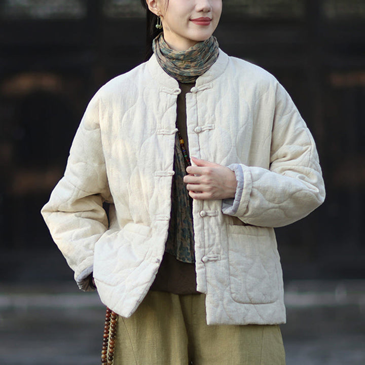 Giacca termica da donna in cotone ramiè con bottoni a rana, maniche lunghe, linee curve invernali , Buddha Stones, con tasche - image 15