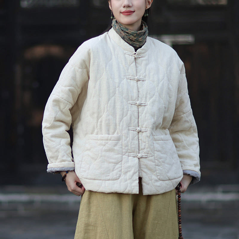 Giacca termica da donna in cotone ramiè con bottoni a rana, maniche lunghe, linee curve invernali , Buddha Stones, con tasche - image 22