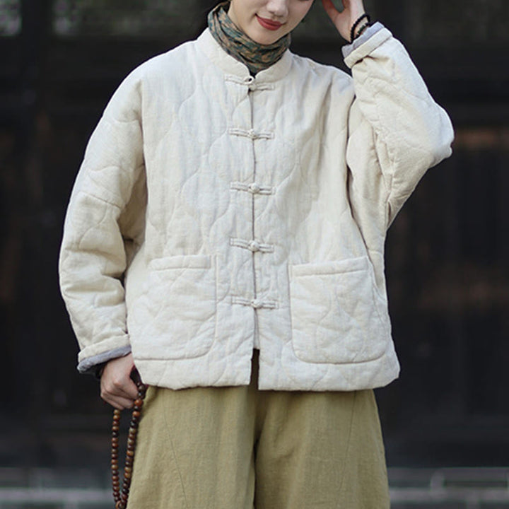 Giacca termica da donna in cotone ramiè con bottoni a rana, maniche lunghe, linee curve invernali , Buddha Stones, con tasche - image 19