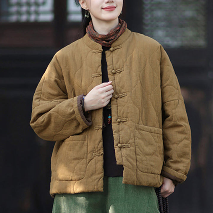 Giacca termica da donna in cotone ramiè con bottoni a rana, maniche lunghe, linee curve invernali , Buddha Stones, con tasche - image 37