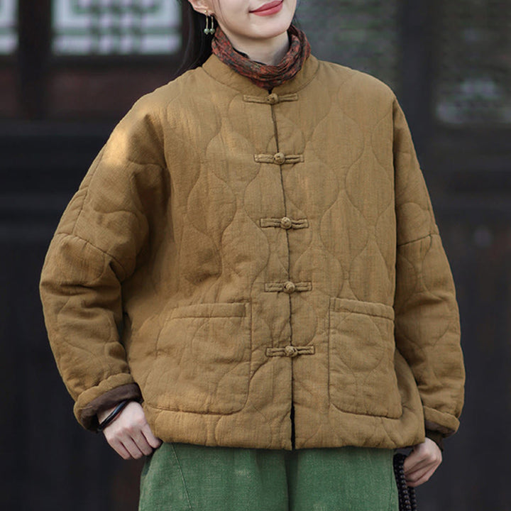 Giacca termica da donna in cotone ramiè con bottoni a rana, maniche lunghe, linee curve invernali , Buddha Stones, con tasche - image 30