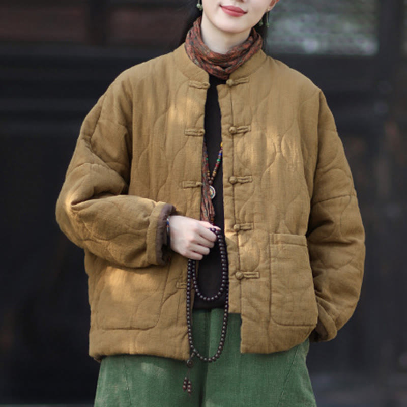 Giacca termica da donna in cotone ramiè con bottoni a rana, maniche lunghe, linee curve invernali , Buddha Stones, con tasche - image 34