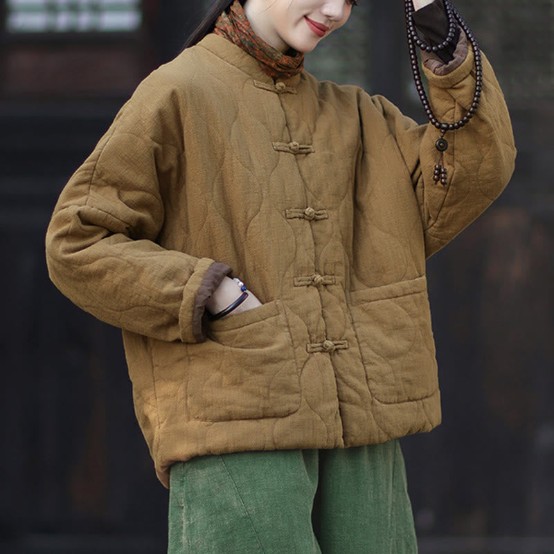 Giacca termica da donna in cotone ramiè con bottoni a rana, maniche lunghe, linee curve invernali , Buddha Stones, con tasche - image 36