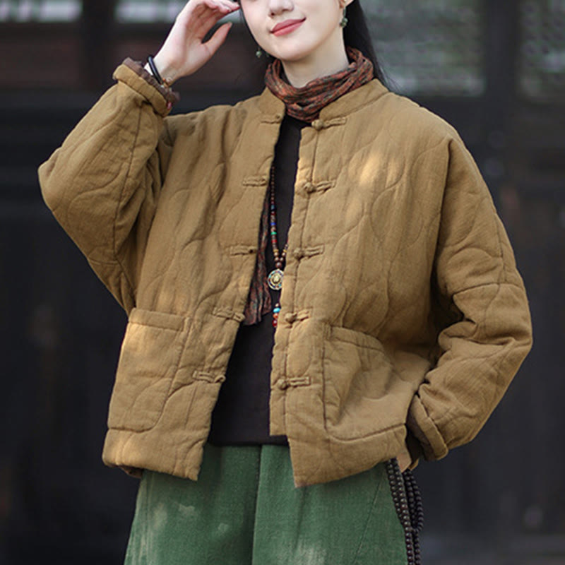 Giacca termica da donna in cotone ramiè con bottoni a rana, maniche lunghe, linee curve invernali , Buddha Stones, con tasche - image 35