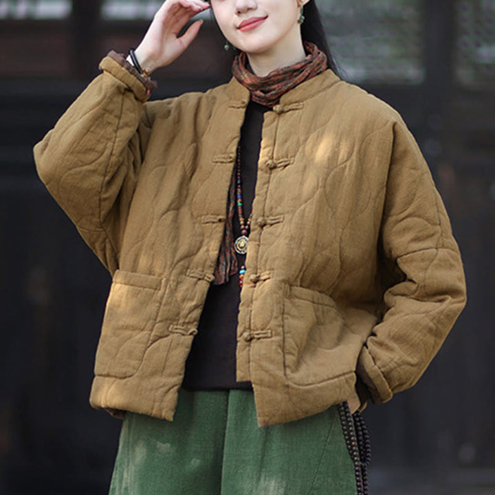 Giacca termica da donna in cotone ramiè con bottoni a rana, maniche lunghe, linee curve invernali , Buddha Stones, con tasche - image 35