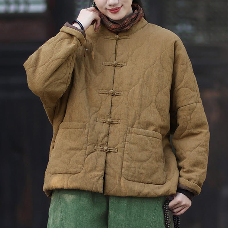 Giacca termica da donna in cotone ramiè con bottoni a rana, maniche lunghe, linee curve invernali , Buddha Stones, con tasche - image 31