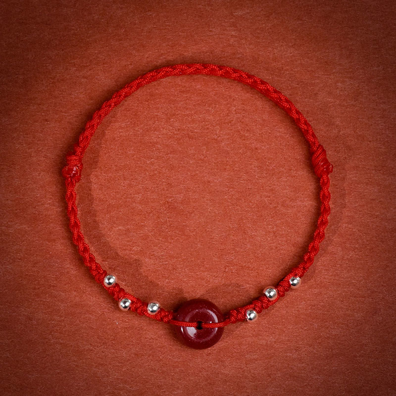 Braccialetto alla caviglia regolabile con fibbia della pace in cinabro Buddha Stones, fatto a mano - Cavigliera con filo rosso (circonferenza 22-30 cm) - image 1
