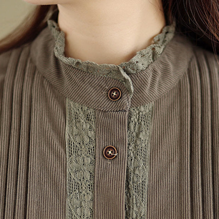 Abito midi da donna in velluto a coste con maniche lunghe, tasche e bottoni invernali plissettati Buddha Stones - image 7