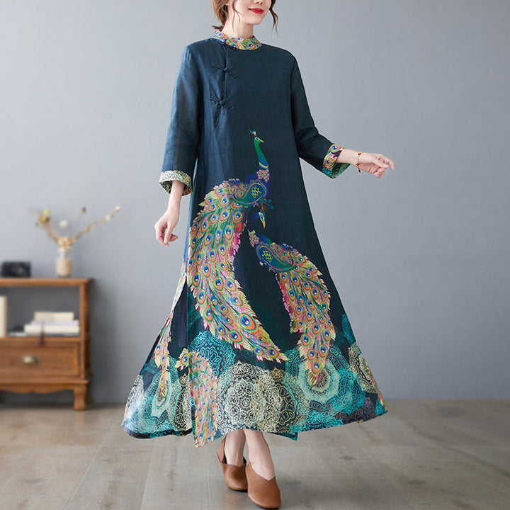 Abito midi da donna in cotone con maniche a tre quarti, motivo Buddha Stones Fall Colorful Peacocks Mandala Frog-Botton - image 1