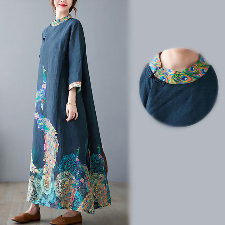 Abito midi da donna in cotone con maniche a tre quarti, motivo Buddha Stones Fall Colorful Peacocks Mandala Frog-Botton - image 9