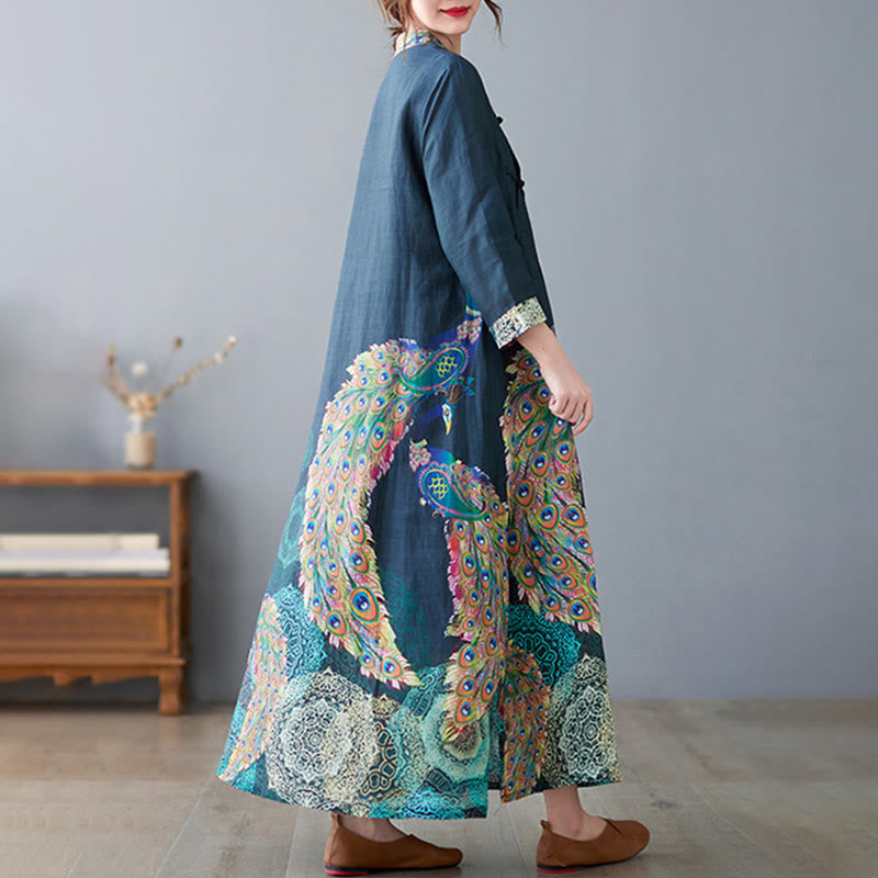 Abito midi da donna in cotone con maniche a tre quarti, motivo Buddha Stones Fall Colorful Peacocks Mandala Frog-Botton - image 4