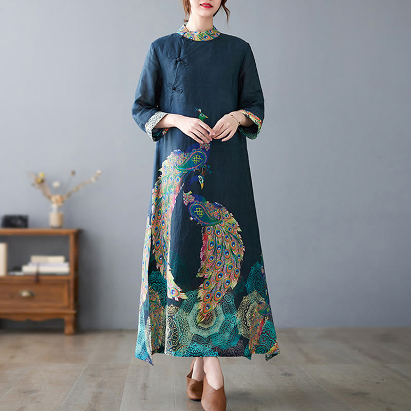 Abito midi da donna in cotone con maniche a tre quarti, motivo Buddha Stones Fall Colorful Peacocks Mandala Frog-Botton - image 6