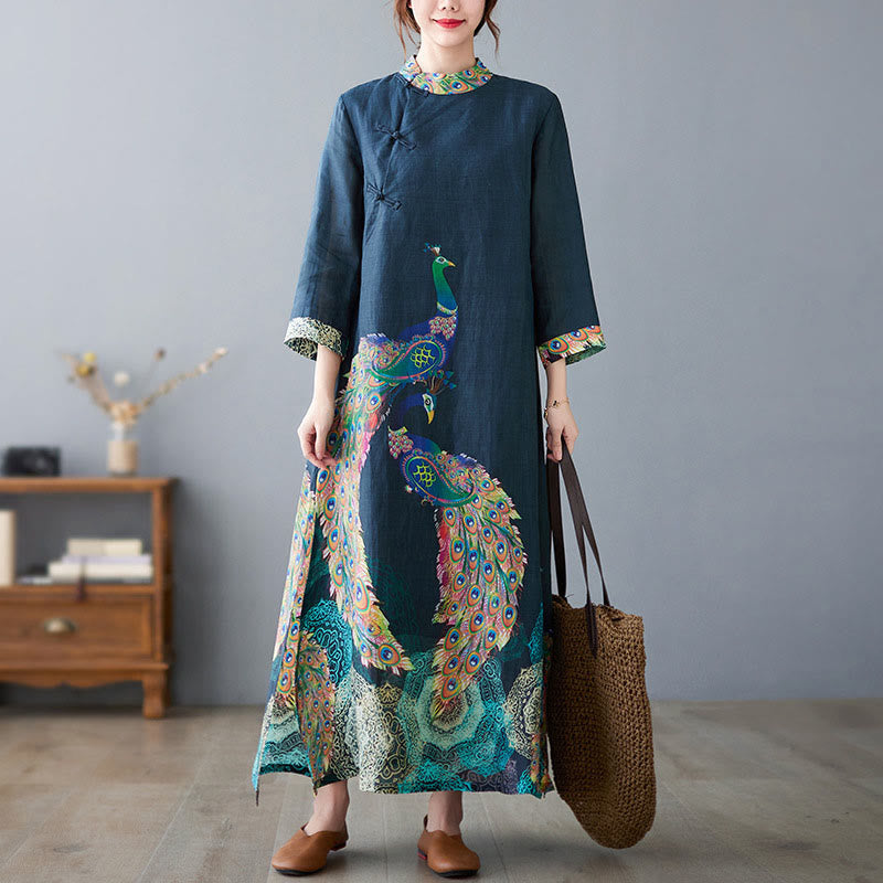 Abito midi da donna in cotone con maniche a tre quarti, motivo Buddha Stones Fall Colorful Peacocks Mandala Frog-Botton - image 7