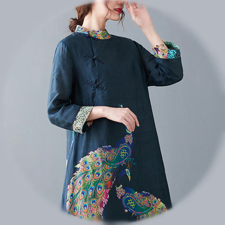 Abito midi da donna in cotone con maniche a tre quarti, motivo Buddha Stones Fall Colorful Peacocks Mandala Frog-Botton - image 12