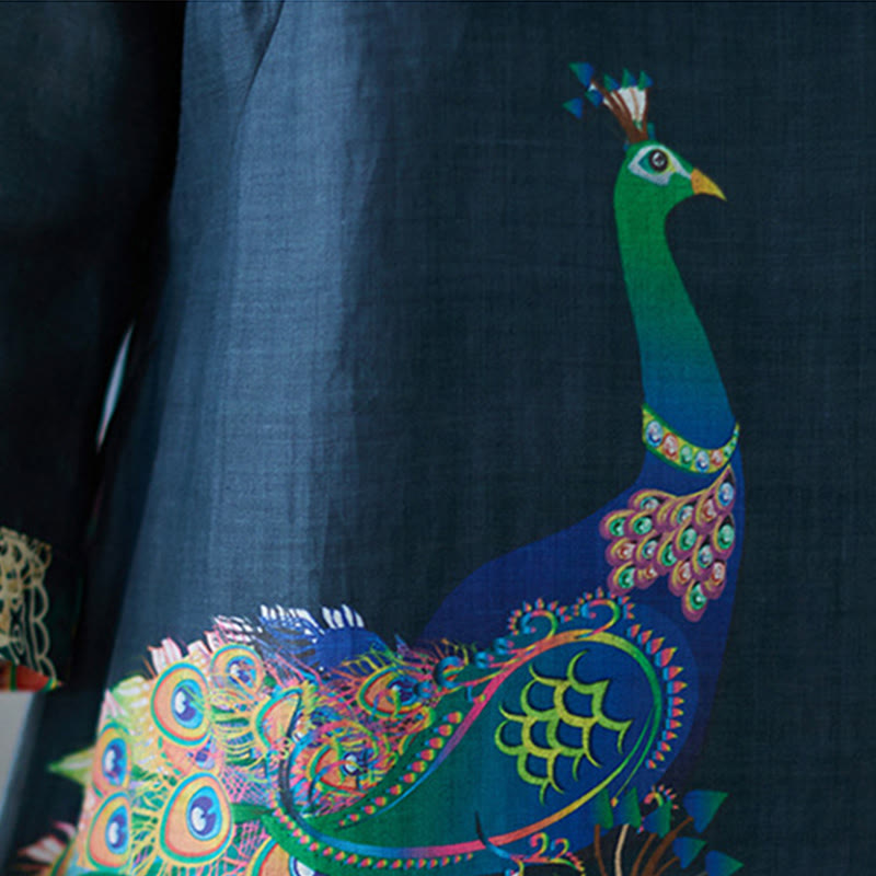 Abito midi da donna in cotone con maniche a tre quarti, motivo Buddha Stones Fall Colorful Peacocks Mandala Frog-Botton - image 15