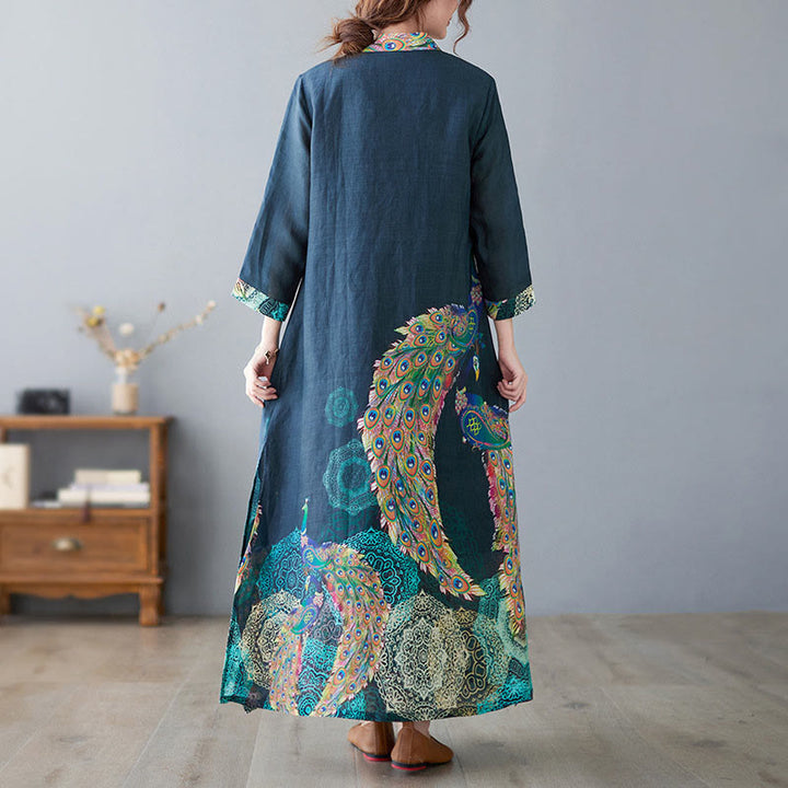 Abito midi da donna in cotone con maniche a tre quarti, motivo Buddha Stones Fall Colorful Peacocks Mandala Frog-Botton - image 3