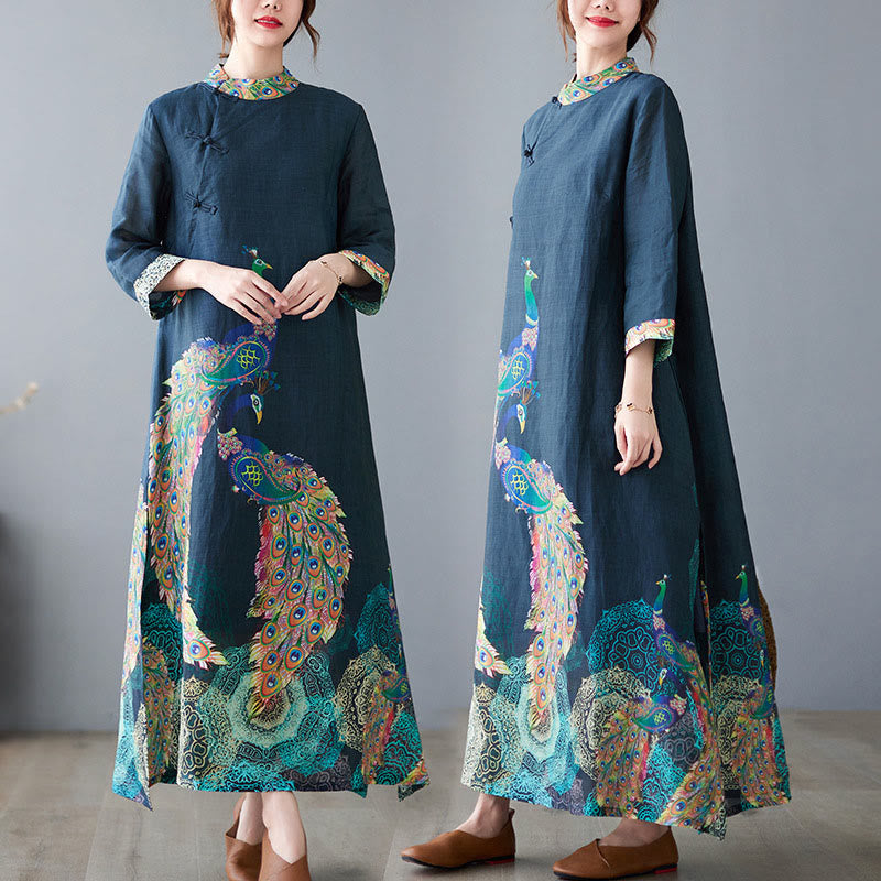 Abito midi da donna in cotone con maniche a tre quarti, motivo Buddha Stones Fall Colorful Peacocks Mandala Frog-Botton - SteelBlue - US8-10, UK/AU12-14, EU40-42 (2XL) - image 0
