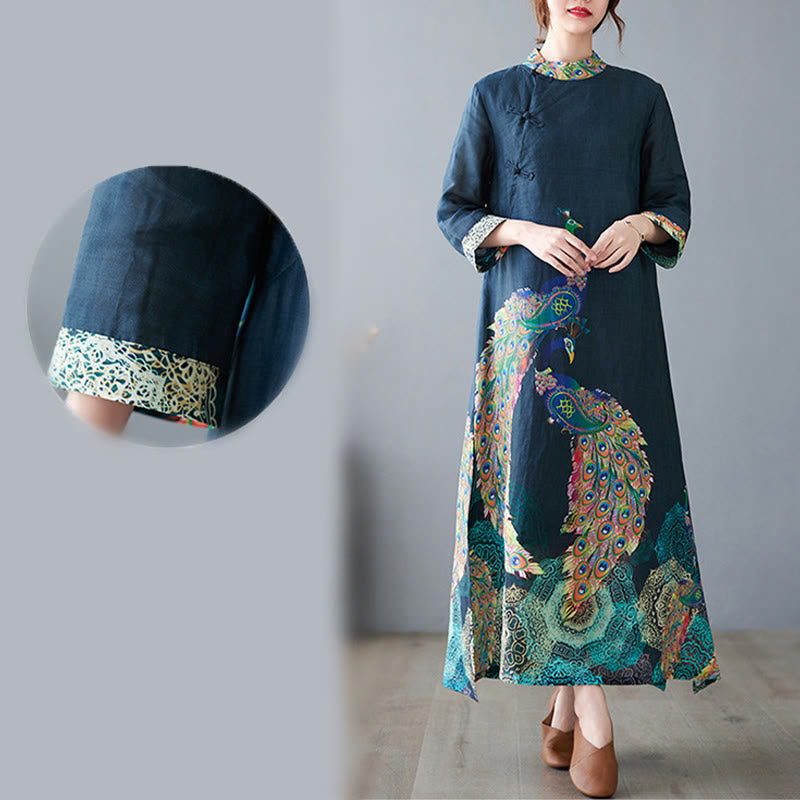 Abito midi da donna in cotone con maniche a tre quarti, motivo Buddha Stones Fall Colorful Peacocks Mandala Frog-Botton - image 11