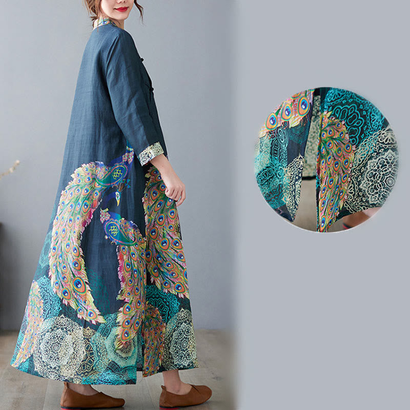 Abito midi da donna in cotone con maniche a tre quarti, motivo Buddha Stones Fall Colorful Peacocks Mandala Frog-Botton - image 10