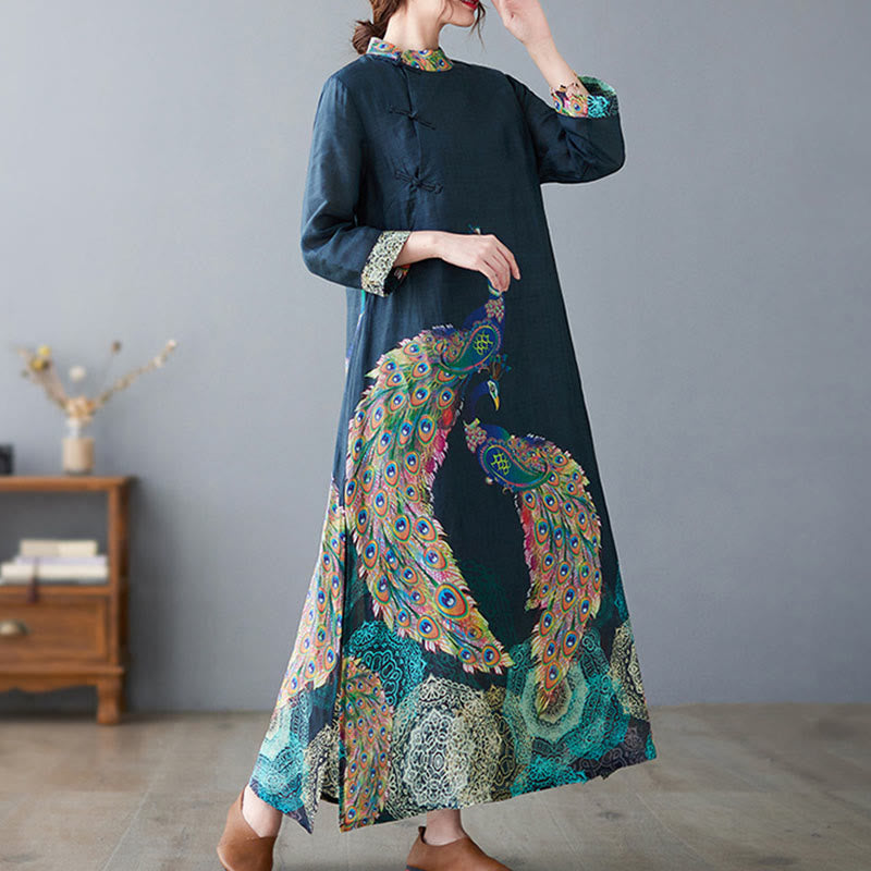 Abito midi da donna in cotone con maniche a tre quarti, motivo Buddha Stones Fall Colorful Peacocks Mandala Frog-Botton - image 2