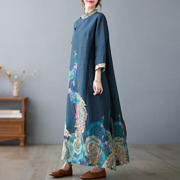 Abito midi da donna in cotone con maniche a tre quarti, motivo Buddha Stones Fall Colorful Peacocks Mandala Frog-Botton - image 5