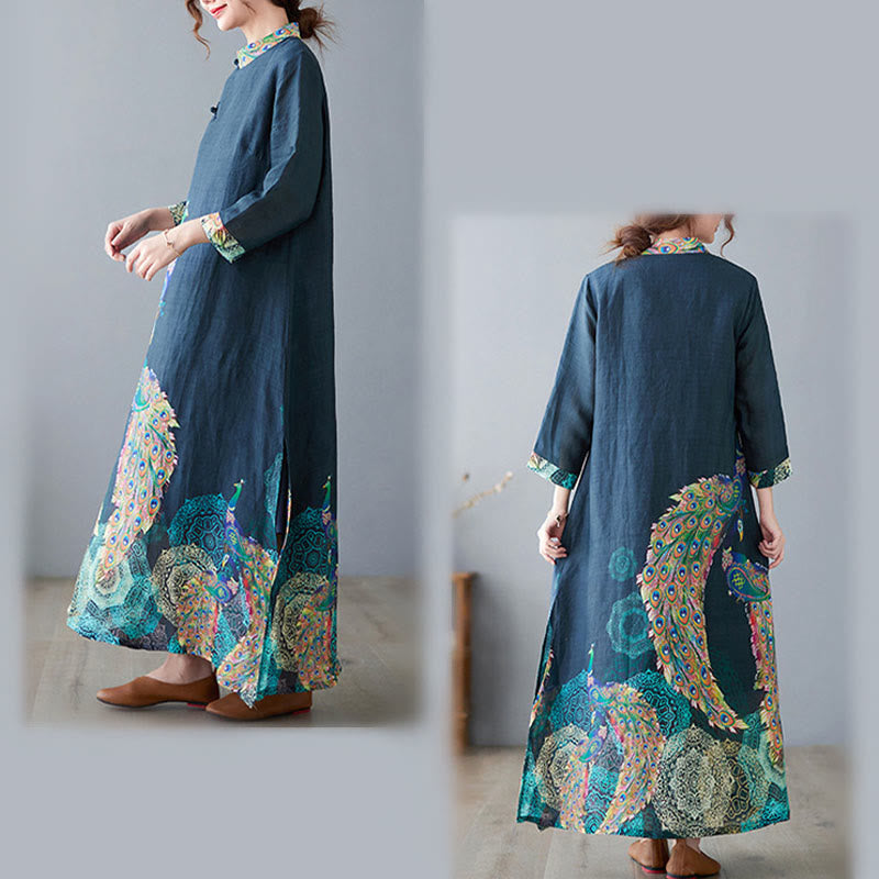 Abito midi da donna in cotone con maniche a tre quarti, motivo Buddha Stones Fall Colorful Peacocks Mandala Frog-Botton - image 8