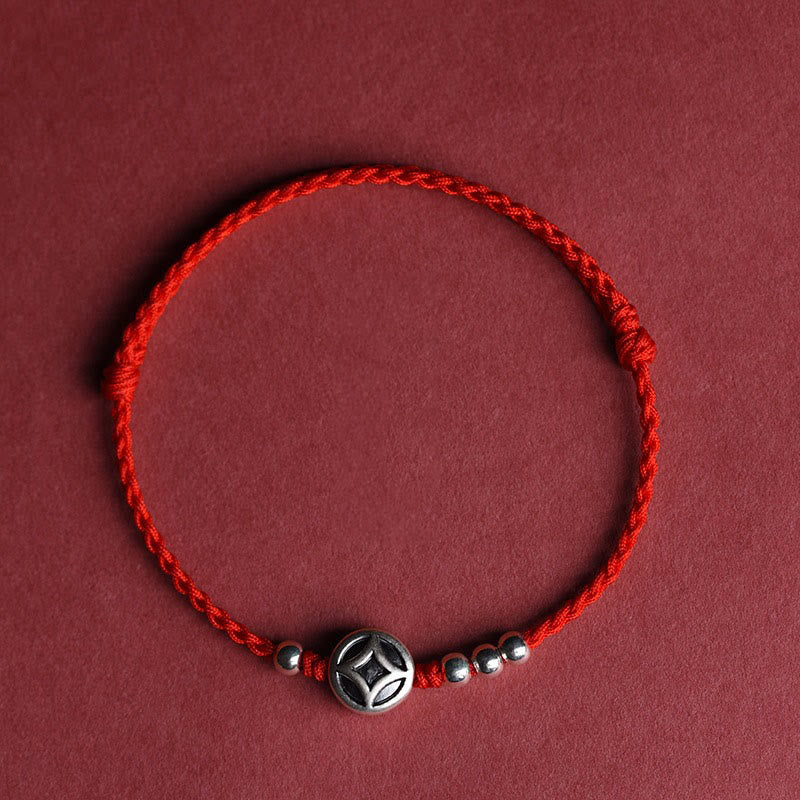 Braccialetto alla caviglia con ciondolo a forma di moneta di rame in argento sterling 999 Buddha Stones, fatto a mano e resistente alla corda - Cavigliera con filo rosso (circonferenza 22-30 cm) - image 1