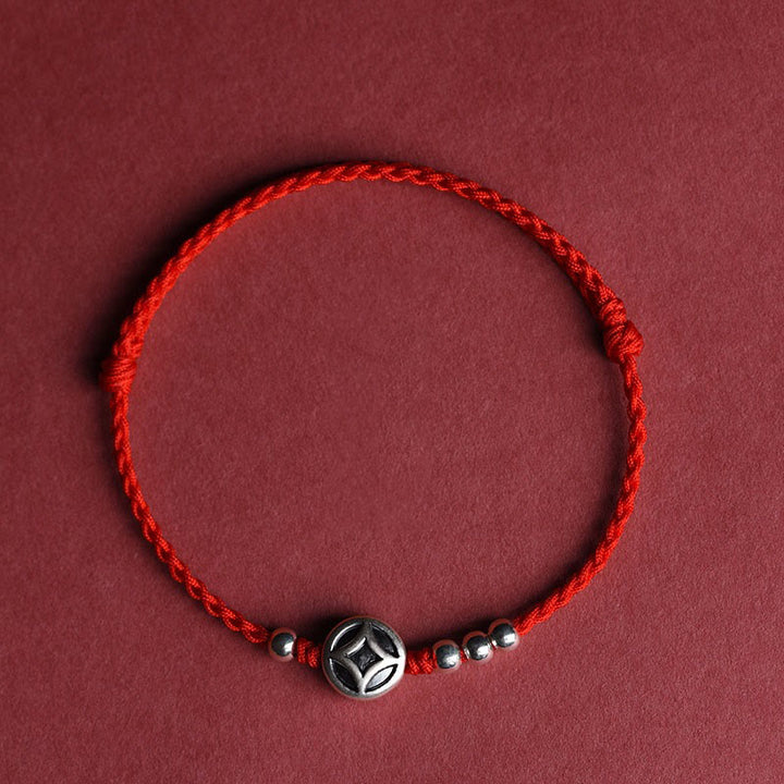 Braccialetto alla caviglia con ciondolo a forma di moneta di rame in argento sterling 999 Buddha Stones, fatto a mano e resistente alla corda - Cavigliera con filo rosso (circonferenza 22-30 cm) - image 1