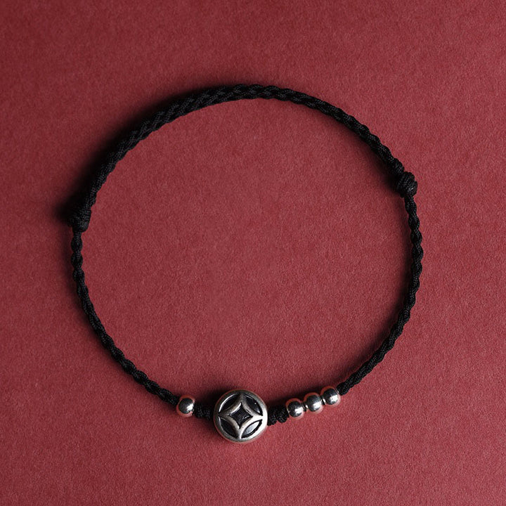 Braccialetto alla caviglia con ciondolo a forma di moneta di rame in argento sterling 999 Buddha Stones, fatto a mano e resistente alla corda - Cavigliera con cordino nero (circonferenza 22-30 cm) - image 13