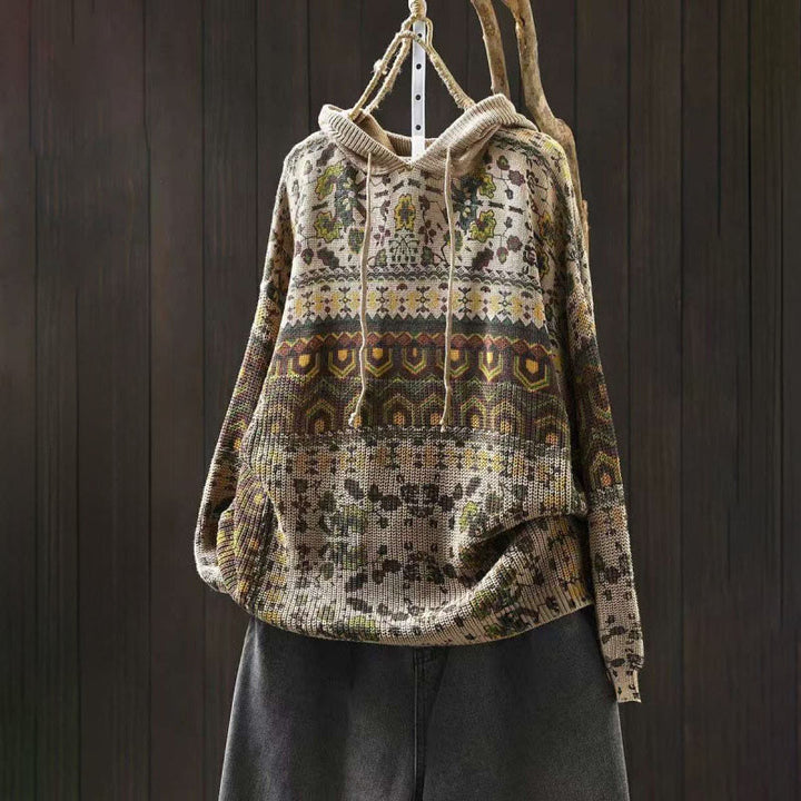 Felpa con cappuccio da donna in cotone a maniche lunghe con motivo a fiori geometrici a righe Buddha Stones - Beige - US4, UK/AU8, EU36-38 (F) - image 0