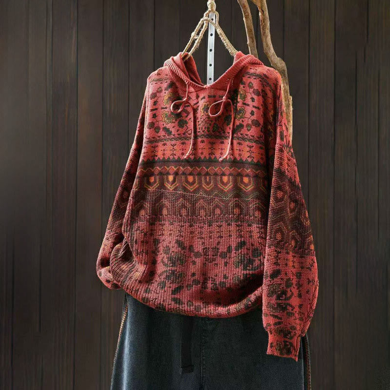 Felpa con cappuccio da donna in cotone a maniche lunghe con motivo a fiori geometrici a righe Buddha Stones - Pomodoro - US4, UK/AU8, EU36-38 (F) - image 2