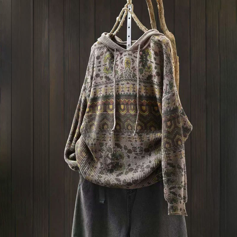 Felpa con cappuccio da donna in cotone a maniche lunghe con motivo a fiori geometrici a righe Buddha Stones - Cachi scuro - US4, UK/AU8, EU36-38 (F) - image 12