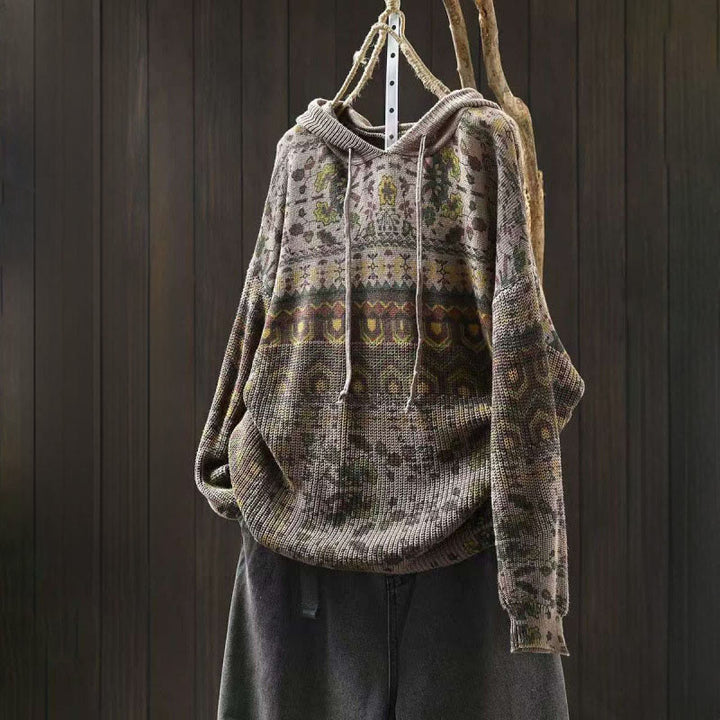 Felpa con cappuccio da donna in cotone a maniche lunghe con motivo a fiori geometrici a righe Buddha Stones - Cachi scuro - US4, UK/AU8, EU36-38 (F) - image 12