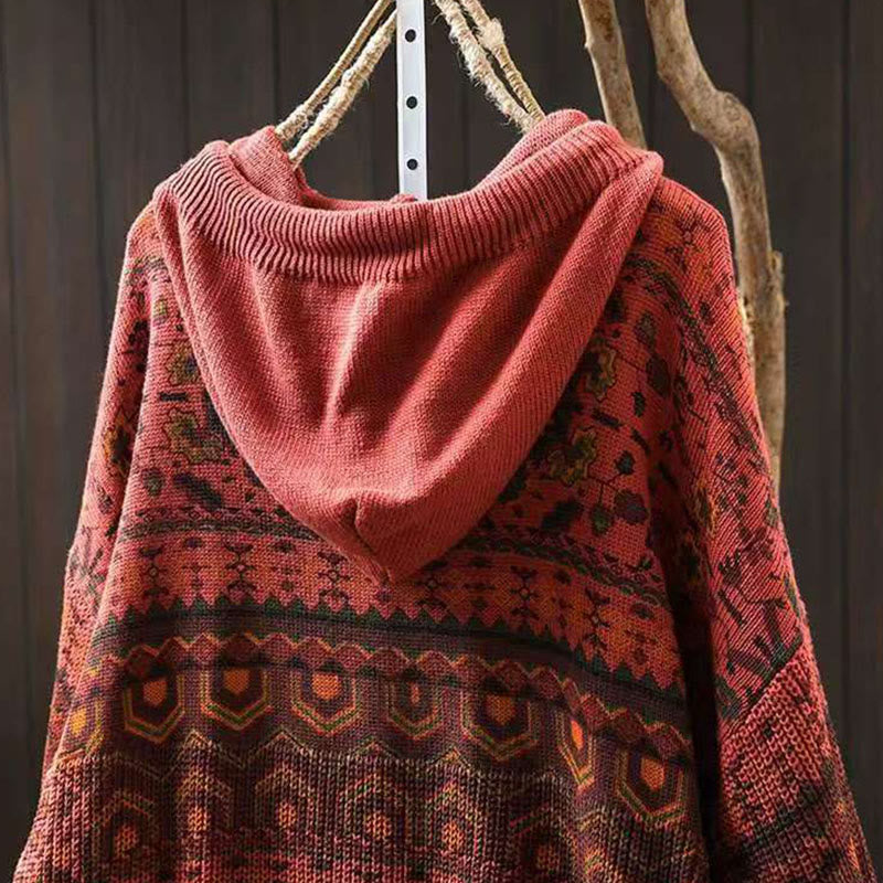 Felpa con cappuccio da donna in cotone a maniche lunghe con motivo a fiori geometrici a righe Buddha Stones - image 5