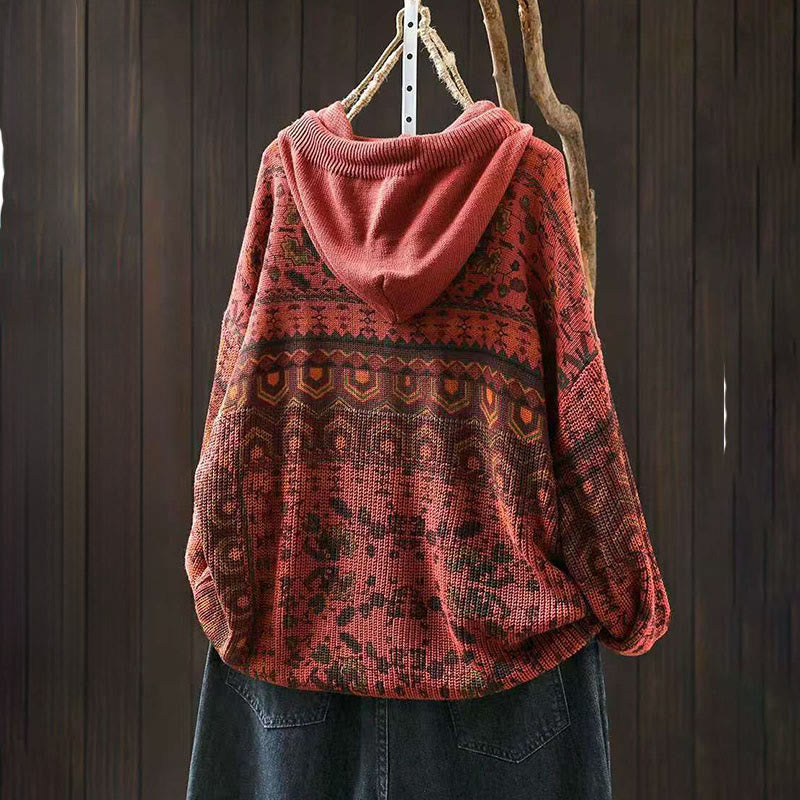 Felpa con cappuccio da donna in cotone a maniche lunghe con motivo a fiori geometrici a righe Buddha Stones - image 3