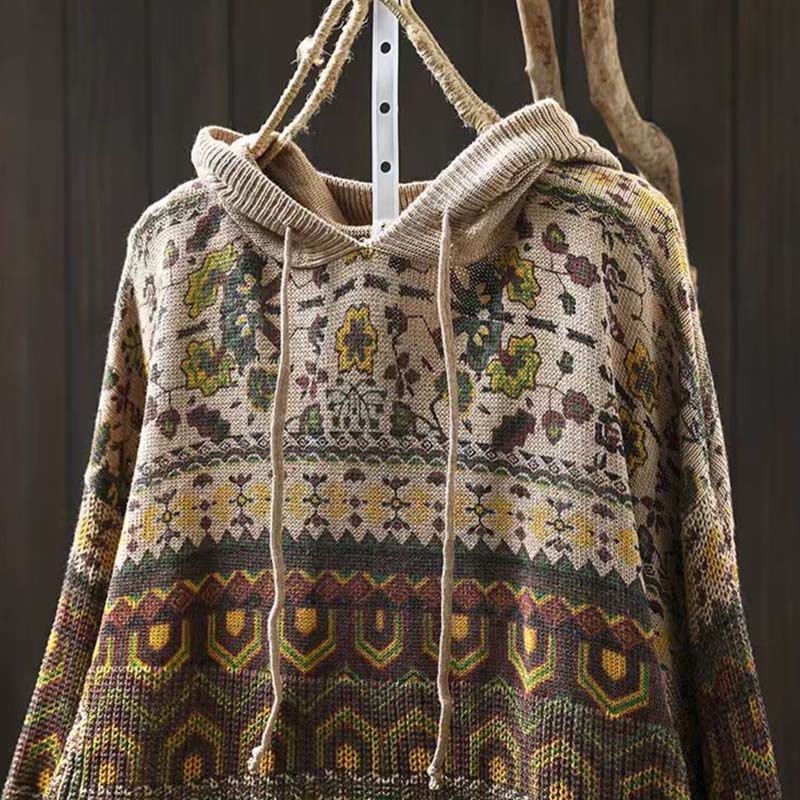 Felpa con cappuccio da donna in cotone a maniche lunghe con motivo a fiori geometrici a righe Buddha Stones - image 1