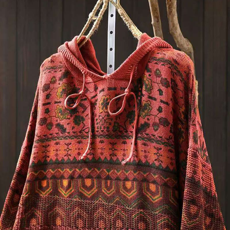 Felpa con cappuccio da donna in cotone a maniche lunghe con motivo a fiori geometrici a righe Buddha Stones - image 4