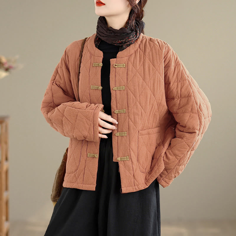 Giacca termica da donna in cotone a maniche lunghe con tasche, motivo a rombi e bottoni a rana invernali Buddha Stones - SandyBrown - US14, UK/AU18, EU46 (2XL) - image 0