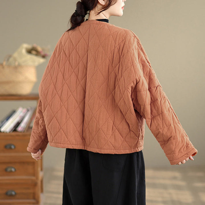 Giacca termica da donna in cotone a maniche lunghe con tasche, motivo a rombi e bottoni a rana invernali Buddha Stones - image 3