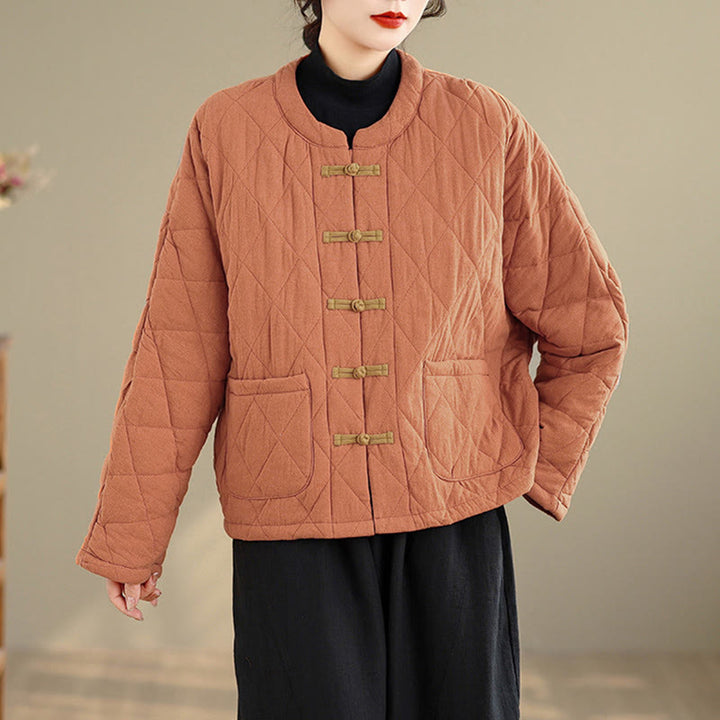 Giacca termica da donna in cotone a maniche lunghe con tasche, motivo a rombi e bottoni a rana invernali Buddha Stones - image 5