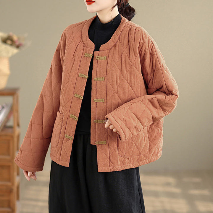 Giacca termica da donna in cotone a maniche lunghe con tasche, motivo a rombi e bottoni a rana invernali Buddha Stones - image 4