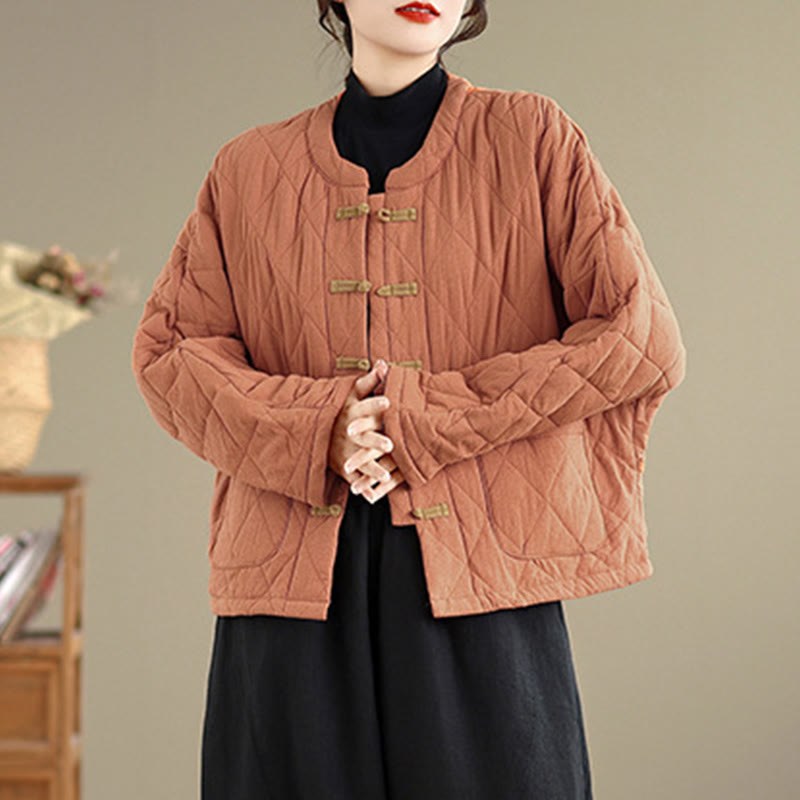 Giacca termica da donna in cotone a maniche lunghe con tasche, motivo a rombi e bottoni a rana invernali Buddha Stones - image 2