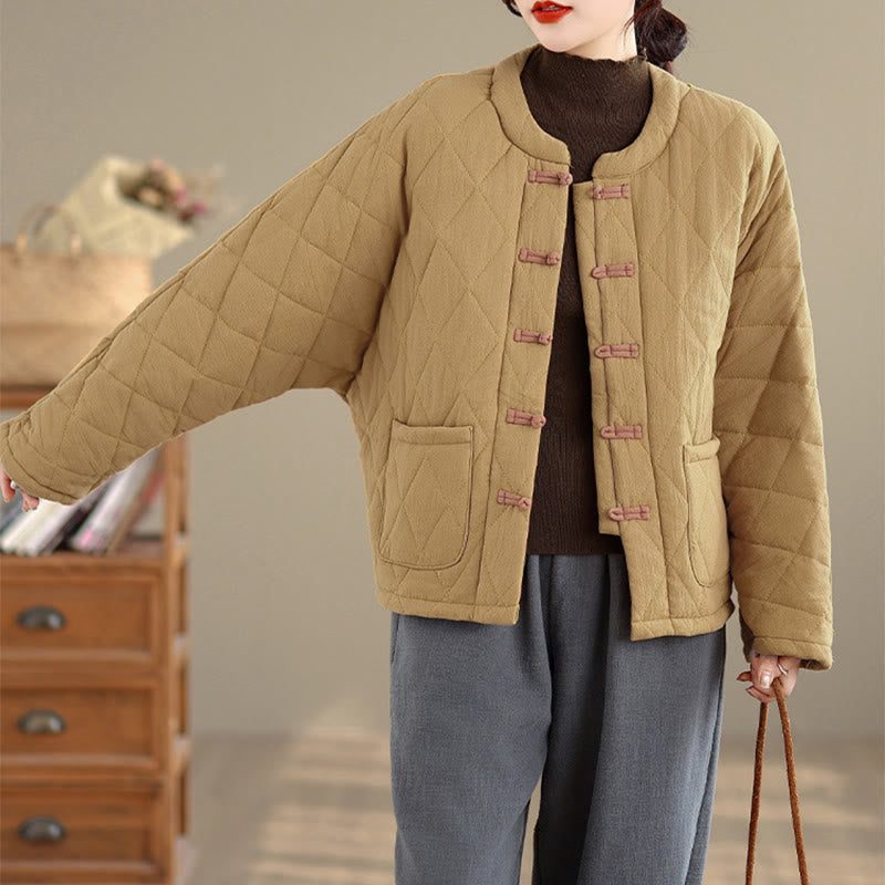 Giacca termica da donna in cotone a maniche lunghe con tasche, motivo a rombi e bottoni a rana invernali Buddha Stones - image 7