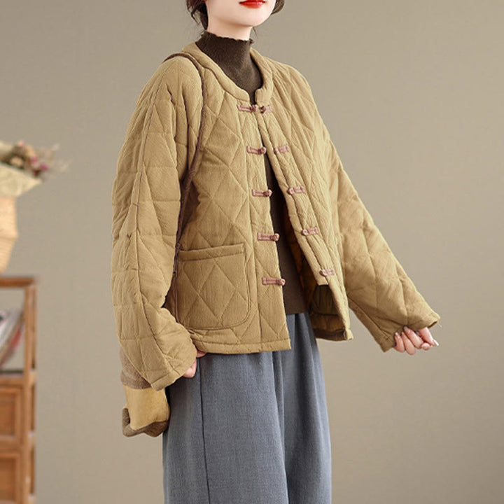 Giacca termica da donna in cotone a maniche lunghe con tasche, motivo a rombi e bottoni a rana invernali Buddha Stones - image 8